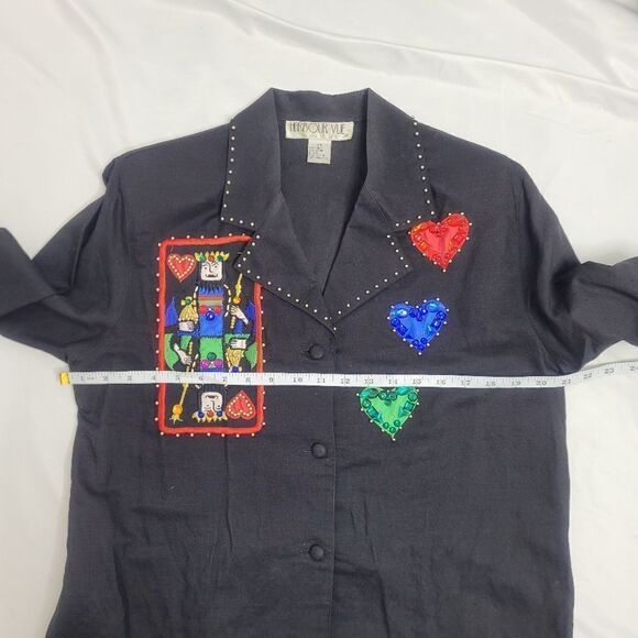 VINTAGE 80s top black embellished beaded king of‎ hearts button up M - Picture 10 of 11